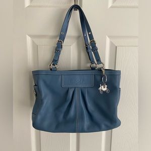 NWT Coach east meets west blue leather shoulder bag tote with extra charm